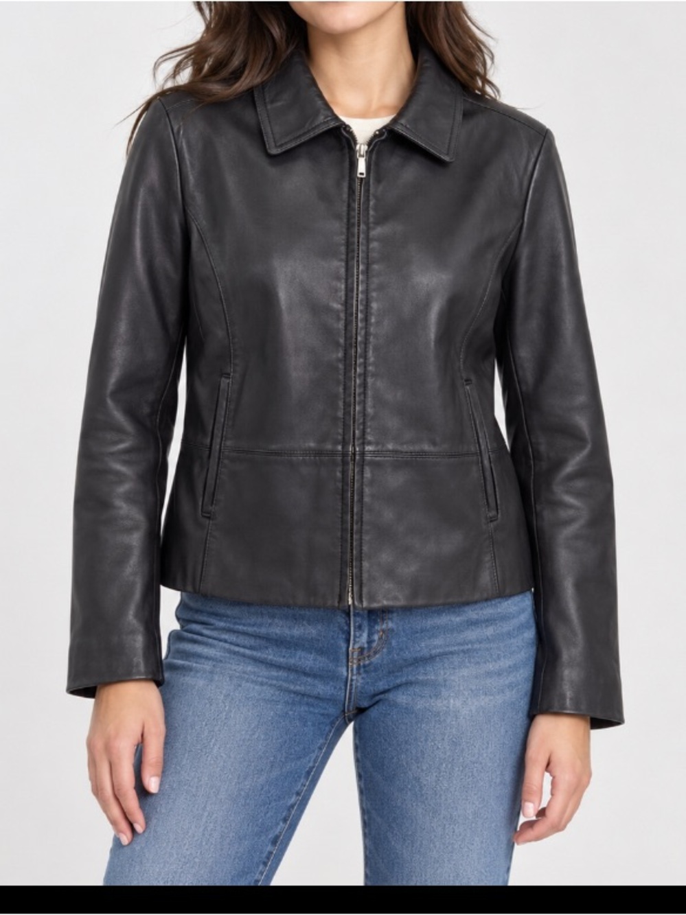 Nine West Black Genuine Leather Zip-Front Jacket